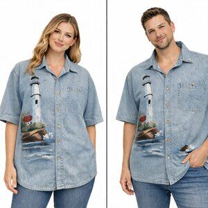 Hand-Painted L Denim Unisex Shirt Lighthouse Ocean 90s Coastal Grandma Art sea